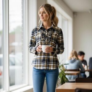 CAbi Women's Plaid Button Down Shirt with Ruffles